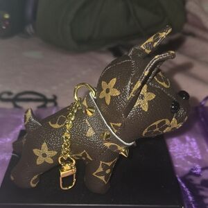 Brown Designer-Style Dog Keychain with Gold Accents